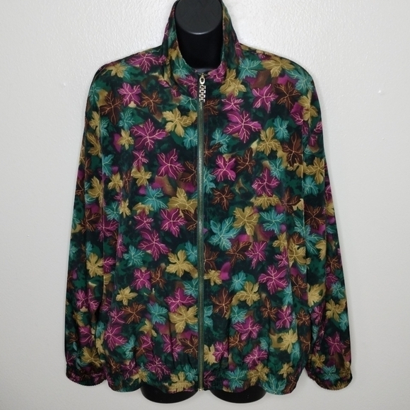 VTG 80s 90s Teddi Women's XL Satin Bomber Jacket AOP Leaf Full Zip Shoulder Pads - Picture 1 of 10